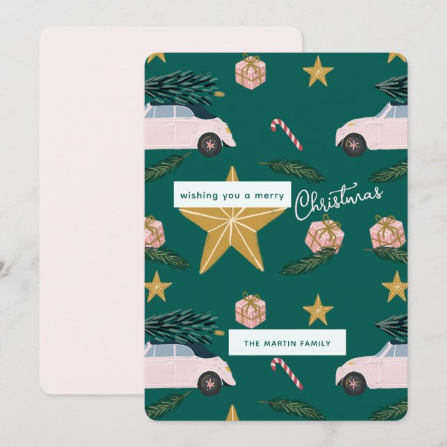 Illustrated Teal Pink Christmas Tree Cars Holiday (Front/Back)