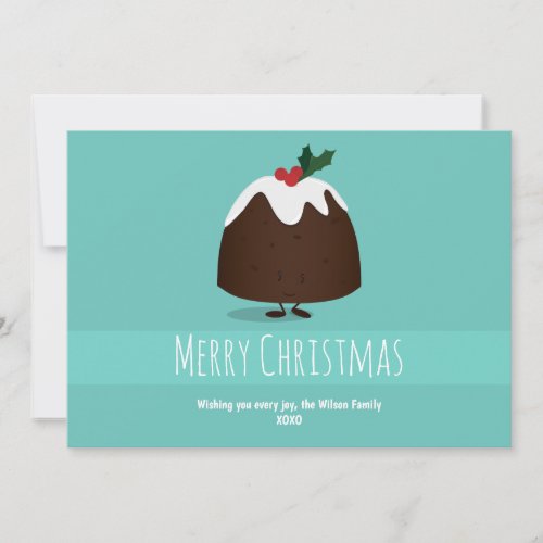 Illustrated Teal White Smiling Christmas Pudding Holiday Card