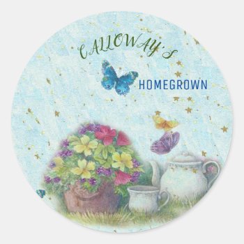 Illustrated Teatime With Butterflies Custom Classic Round Sticker by paintedcottage at Zazzle