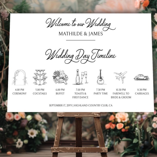 Illustrated Timeline Elegant Wedding Welcome Foam Board (Large Wedding Welcome Sign with Wedding Day Timeline by Darling & May)