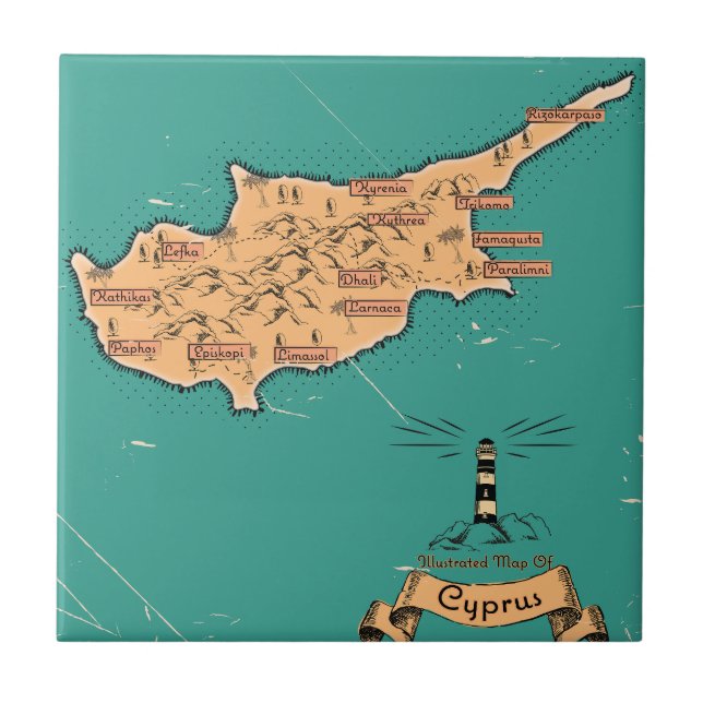 Illustrated Travel map Cyprus Ceramic Tile (Front)