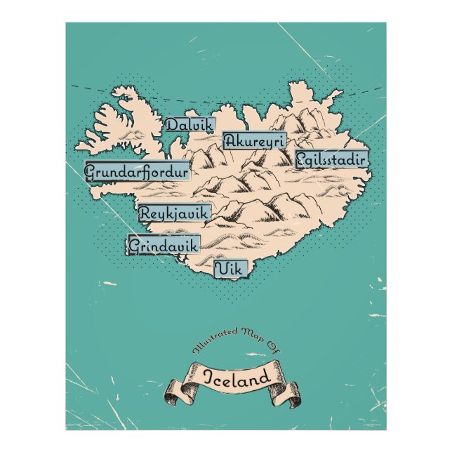 Illustrated Travel map Iceland Photo Print (Front)