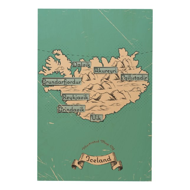 Illustrated Travel map Iceland Wood Wall Art (Front)