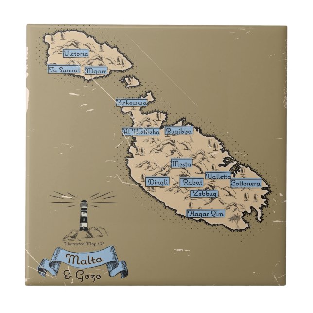 Illustrated Travel map Malta Ceramic Tile (Front)
