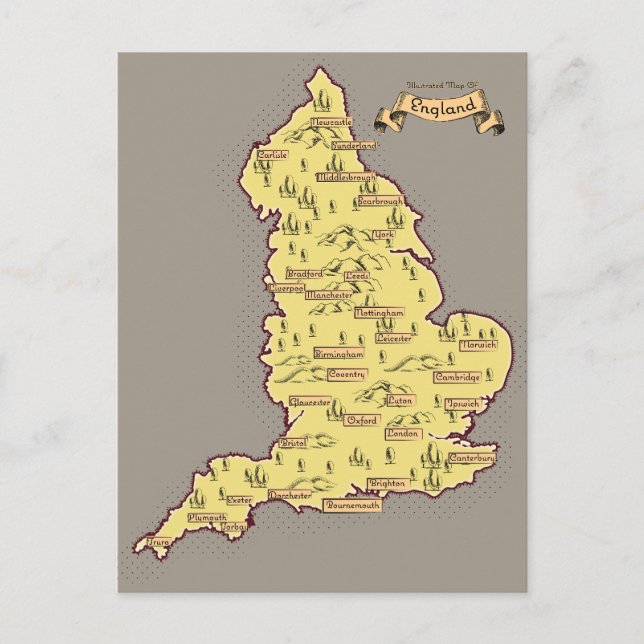 Illustrated Travel map of England Announcement Postcard (Front)