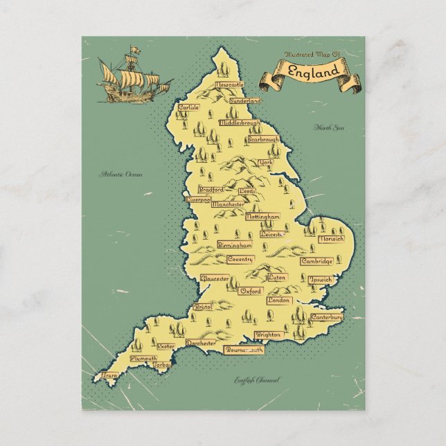Illustrated Travel map of England Announcement Postcard (Front)