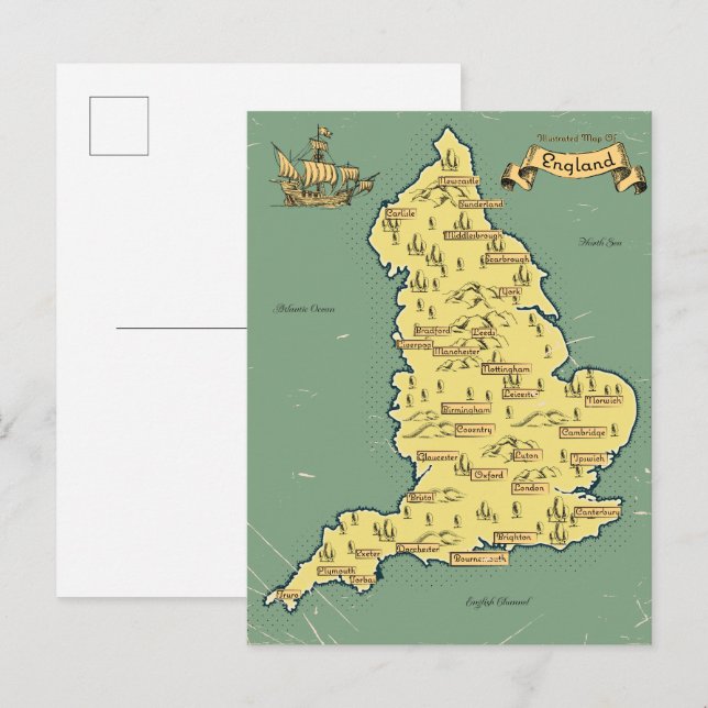 Illustrated Travel map of England Invitation Postcard (Front/Back)