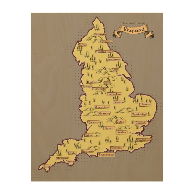 Illustrated Travel map of England Wood Wall Art (Front)