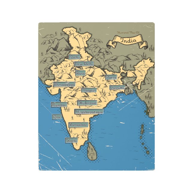 Illustrated Travel map Of India Metal Print (Front)