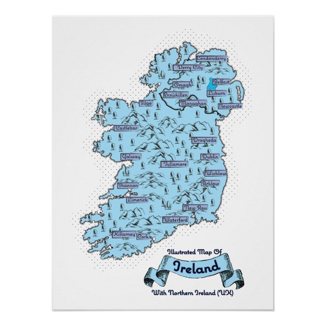 Illustrated Travel map of Ireland Poster (Front)