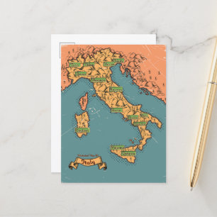 Illustrated Travel map Of Italy Announcement Postcard