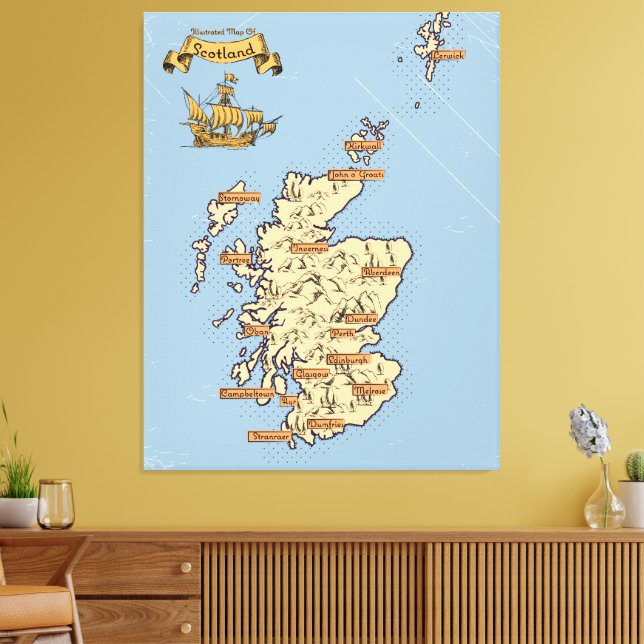 Illustrated Travel map of Scotland Canvas Print (Insitu(LivingRoom))