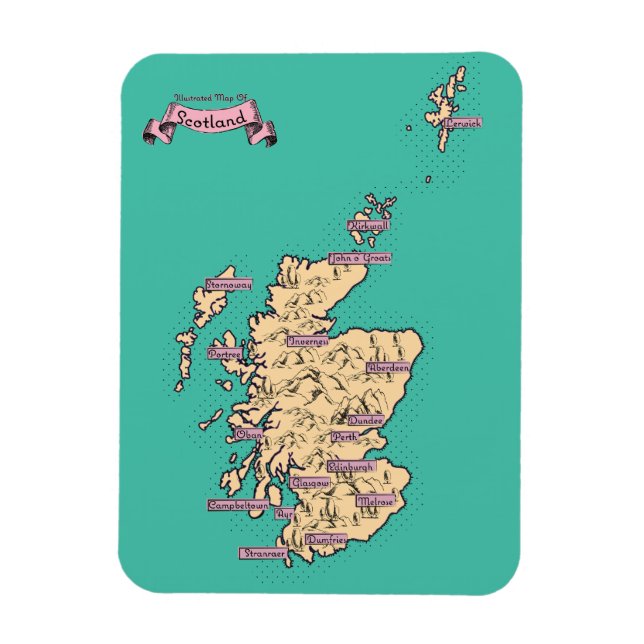 Illustrated Travel map of Scotland (Teal Version) Magnet (Vertical)