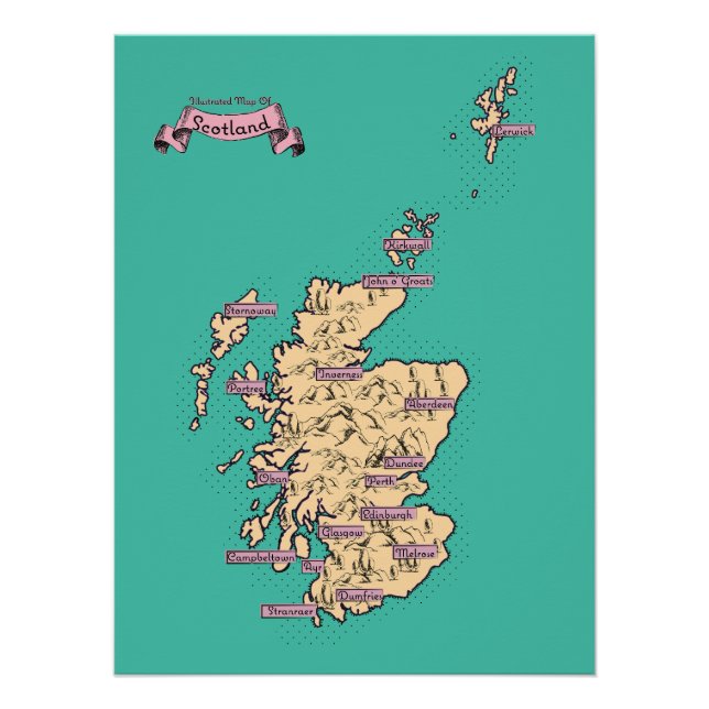 Illustrated Travel map of Scotland (Teal Version) Poster (Front)