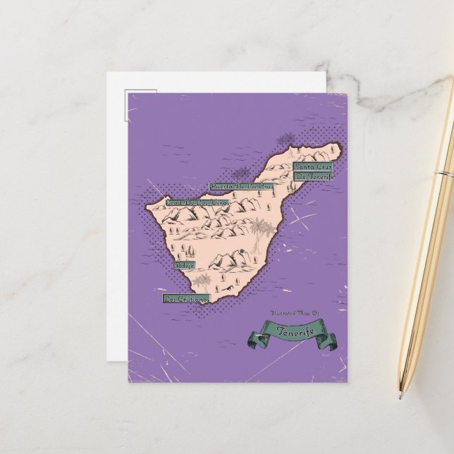 Illustrated Travel map Of Tenerife Announcement Postcard (Front/Back In Situ)