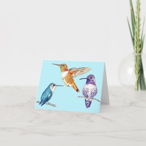 Illustrated Trio of Hummingbirds Card