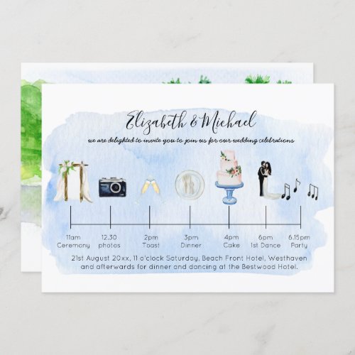 Illustrated Tropical Beach Wedding Timeline Icons Invitation