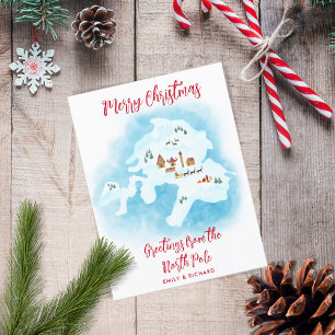 Illustrated Unique North Pole Map Merry Christmas Holiday Postcard
