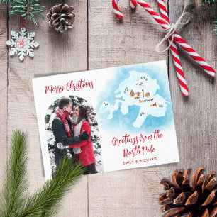 Illustrated Unique North Pole Map Photo Christmas Holiday Postcard