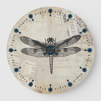 Illustrated Vintage Dragonfly Large Wall Clock