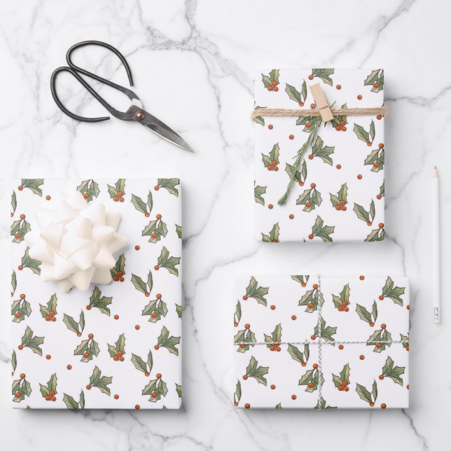 Illustrated Vintage Holly Holiday Christmas Wrapping Paper Sheets (Front)