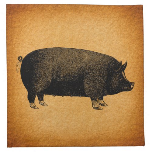 Illustrated Vintage Pig Rustic Art Cloth Napkin
