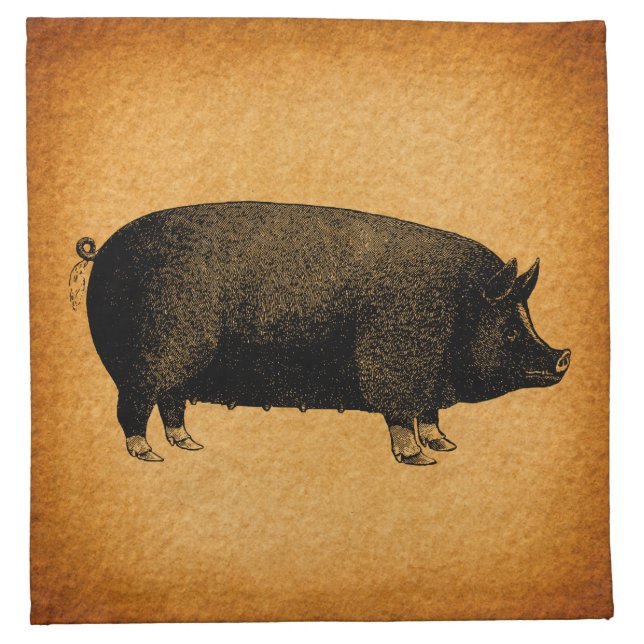 Illustrated Vintage Pig Rustic Art Cloth Napkin (Front)