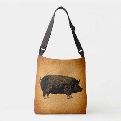 Illustrated Vintage Pig Rustic Art Crossbody Bag