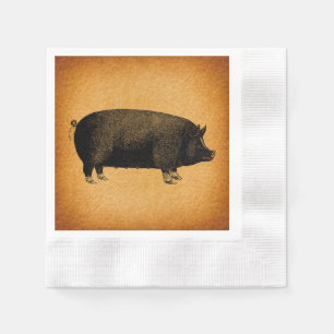 Illustrated Vintage Pig Rustic Art Napkins