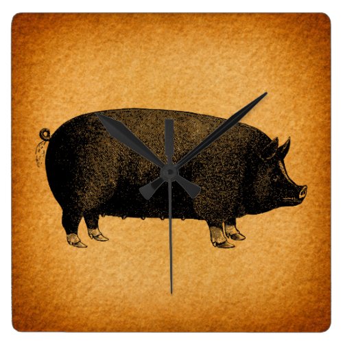 Illustrated Vintage Pig Rustic Art Square Wall Clock