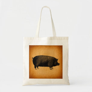 Illustrated Vintage Pig Rustic Art Tote Bag