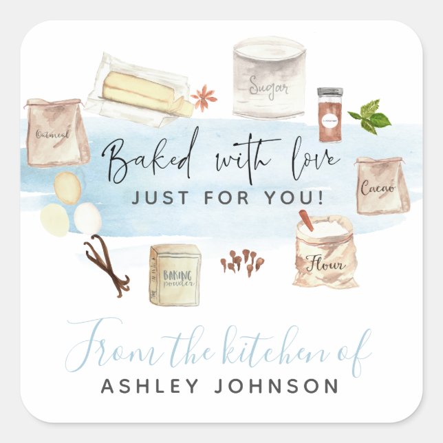 Illustrated Watercolor Baked with Love Square Sticker (Front)