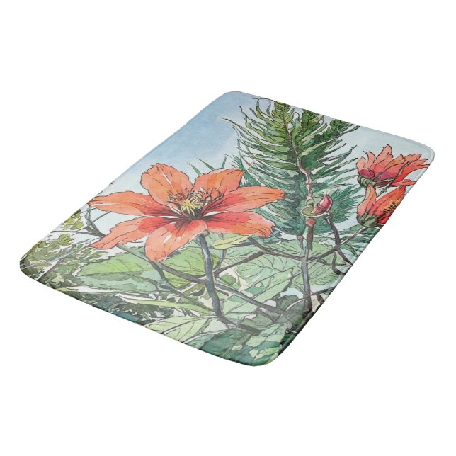 Illustrated Watercolor Botanical Orange Floral Bath Mat (Angled)