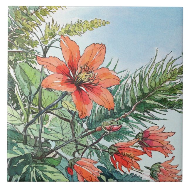 Illustrated Watercolor Botanical Orange Floral Ceramic Tile (Front)