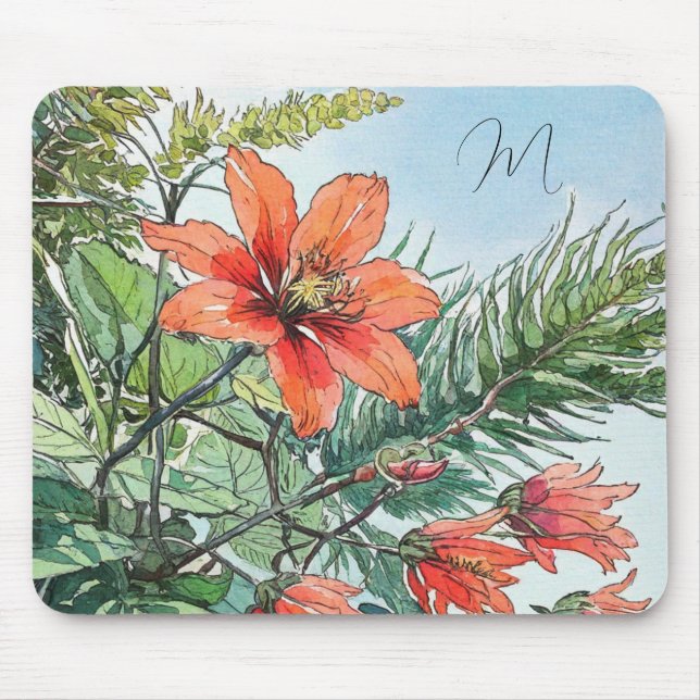 Illustrated Watercolor Botanical Orange Floral Mouse Pad (Front)