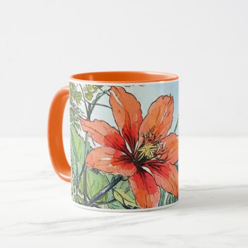 Illustrated Watercolor Botanical Orange Floral Mug