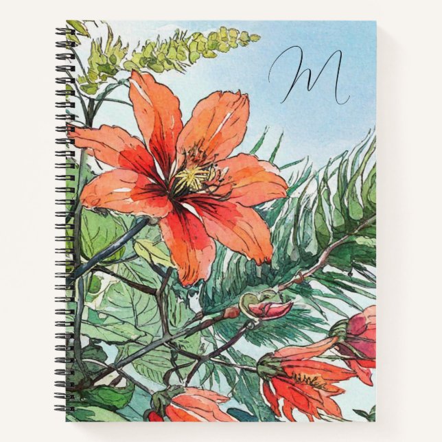 Illustrated Watercolor Botanical Orange Floral Notebook (Front)