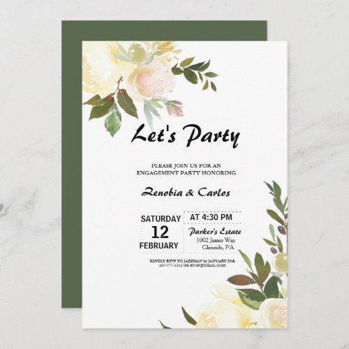 Illustrated Watercolor Floral Lets Party Invitation