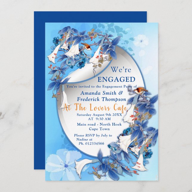 Illustrated  Watercolor  Moon-flower Engagement Invitation (Front/Back)