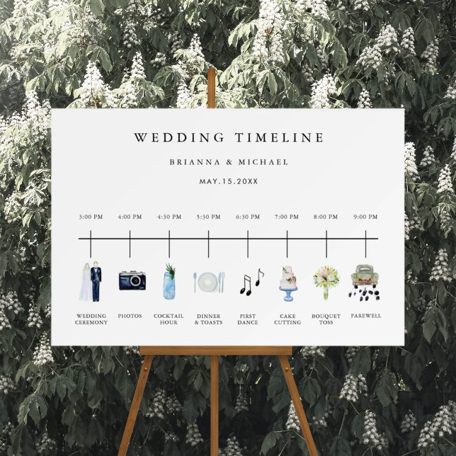 Illustrated Watercolor Wedding Day Timeline  Foam Board (Creator Uploaded)