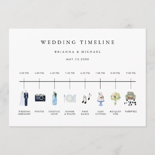Illustrated Watercolor Wedding Day Timeline  Program