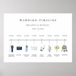 Illustrated Watercolor Wedding Day Timeline Sign<br><div class="desc">Illustrated watercolor icon wedding timeline program. This card features bride & groom,  rings,  camera,  cocktail glass,  plate setting,  music notes,  cake,  bouquet,  and retro car. For more advanced customization of this design,  please click the "Customize further" link.</div>