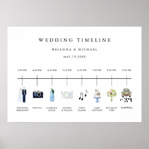 Illustrated Watercolor Wedding Day Timeline Sign