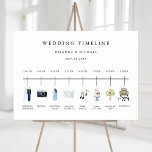 Illustrated Watercolor Wedding Day Timeline Sign<br><div class="desc">Illustrated watercolor icon wedding timeline program. This card features bride & groom,  rings,  camera,  cocktail glass,  plate setting,  music notes,  cake,  bouquet,  and retro car. For more advanced customization of this design,  please click the "Customize further" link.</div>