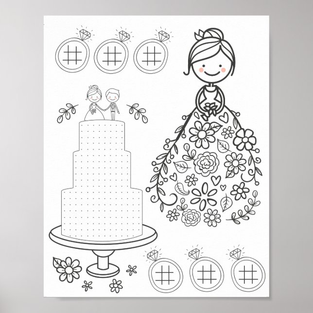 Illustrated wedding activity coloring page poster (Front)