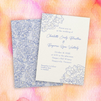 Illustrated Wedding Ceremony Big Blue Flowers Invitation by BlueHyd at Zazzle