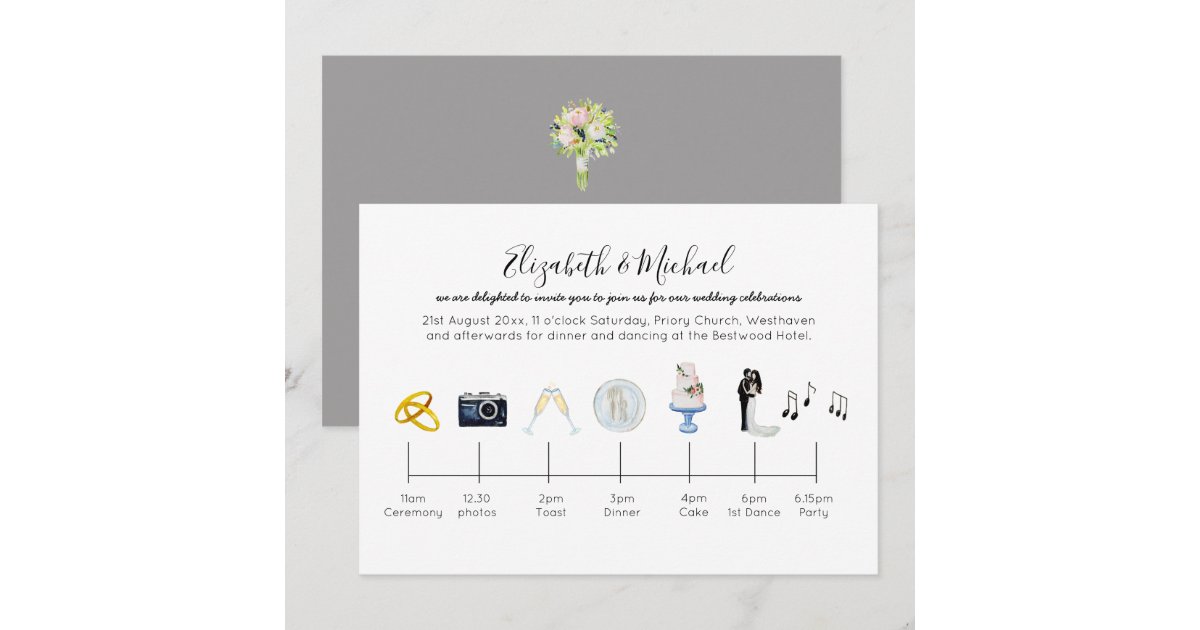Illustrated Wedding Timeline Invitation Icons Fun | Zazzle