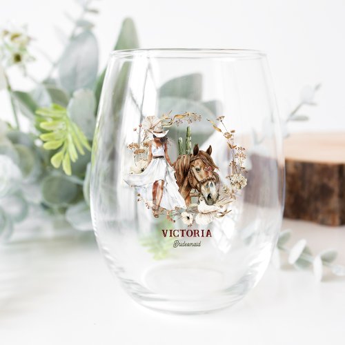 Illustrated Western  Bachelorette Bridesmaid Stemless Wine Glass