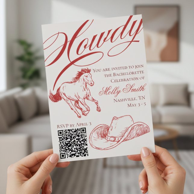 Illustrated Western Red Bachelorette Itinerary  Invitation (Illustrated Western Red Bachelorette Itinerary Invitation)