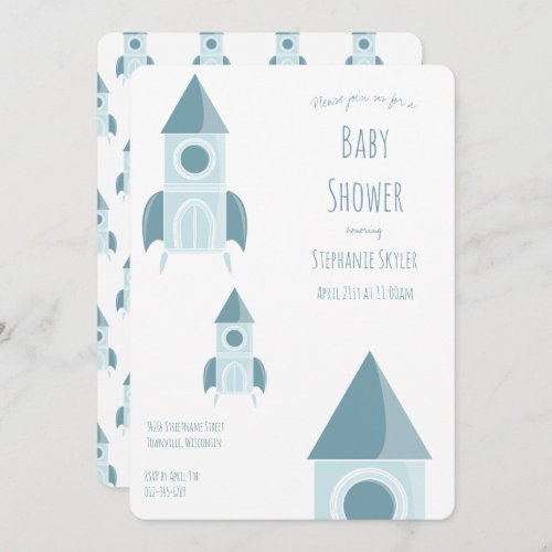 Illustrated White Blue Rocket Ship Baby Shower Invitation